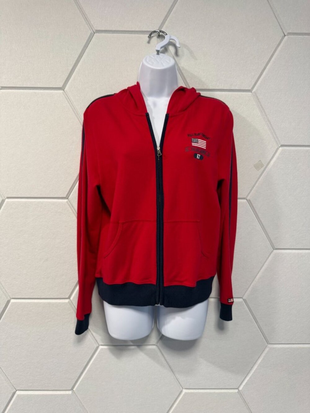 Polo Jeans Co. Womens Red Full-Zip Hoodie Size M Cotton Blend USA Flag Patch Des